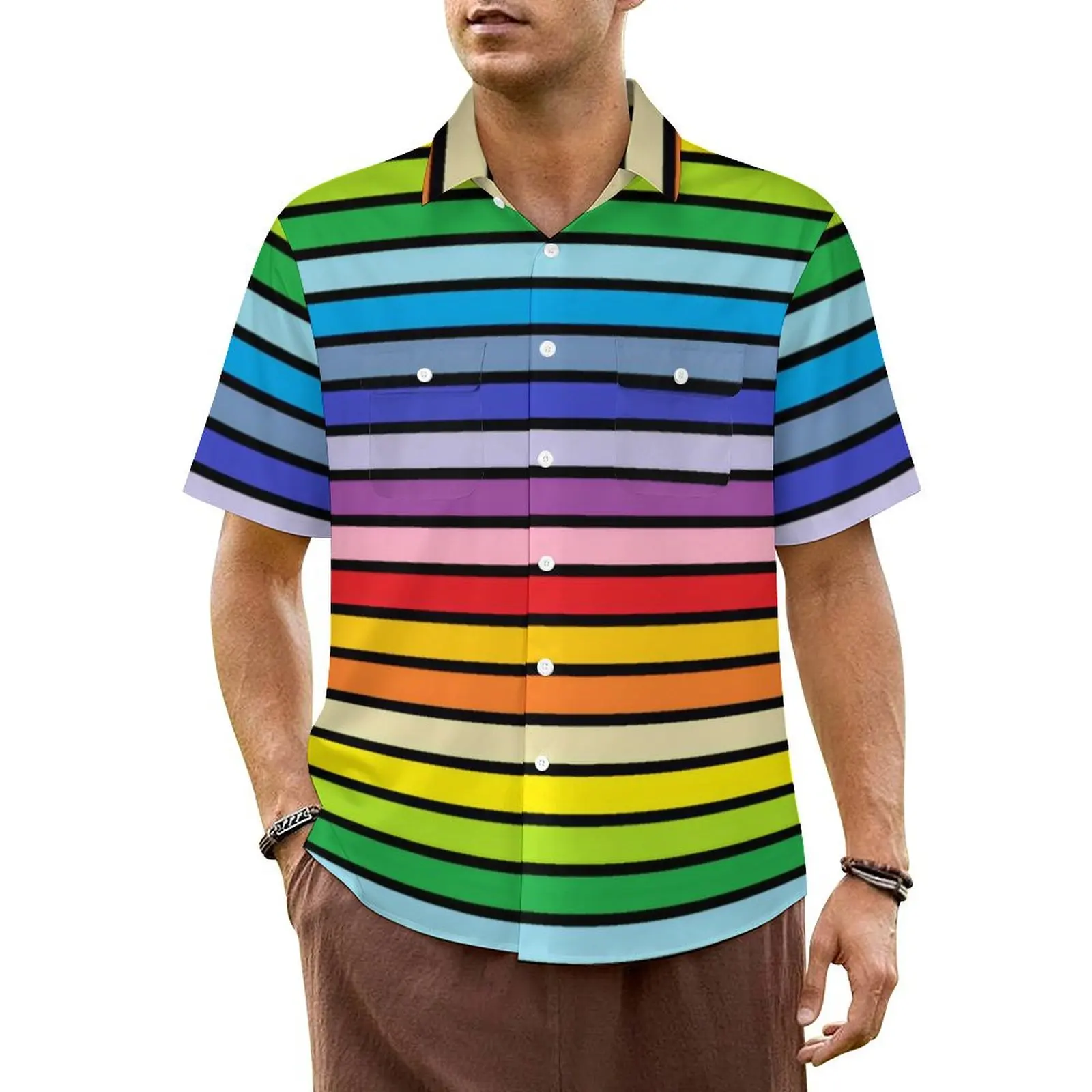 

Rainbow Stripes Beach Shirt Black Outlined Broader Spectrum Hawaiian Casual Shirts Male Vintage Blouses Short Sleeve Clothing