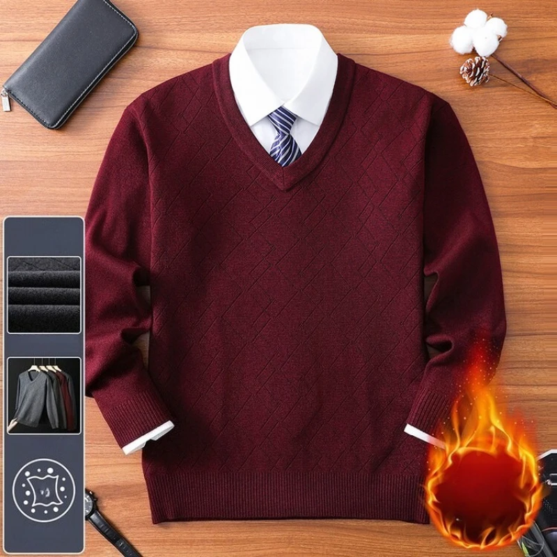 Men's V-Neck Wool Blend Sweater - Burgundy (Navy Blue/Medium Gray/Dark Gray)  Premium Anti-Pilling​​ Business Casual