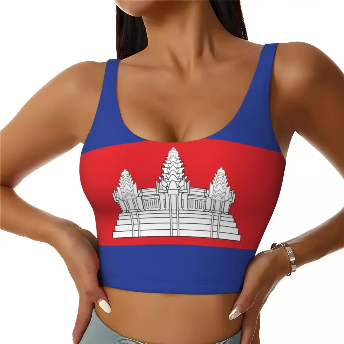 Yoga Vest Women Gym Sports Crop Tops Cambodia Flag Streetwear Workout Breathable Tank Top Female
