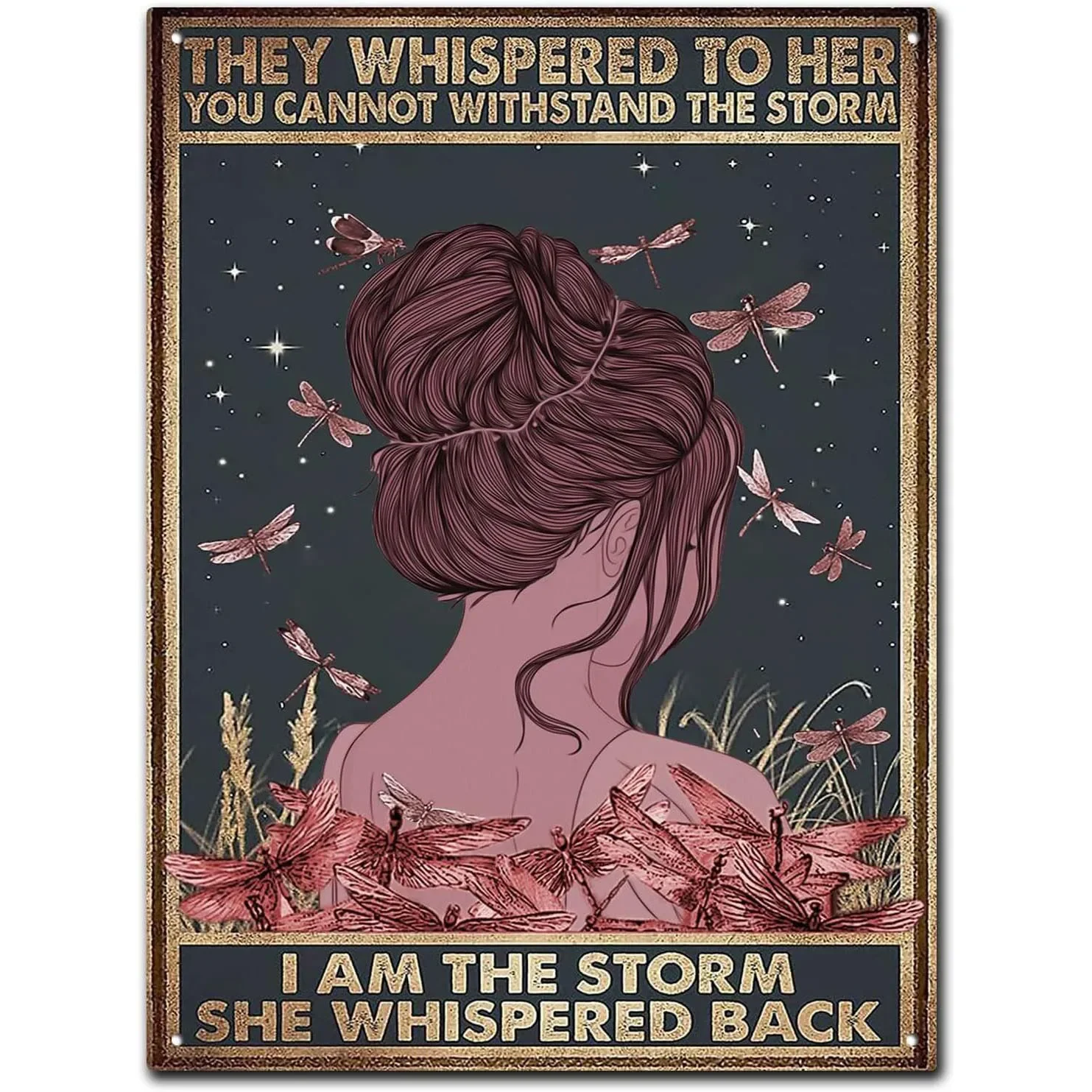 Vintage I Am The Storm She Whispered Back Butterfly Woman Metal Tin Sign, Retro Inspirational Quote Iron Painting Wall Art, Rust