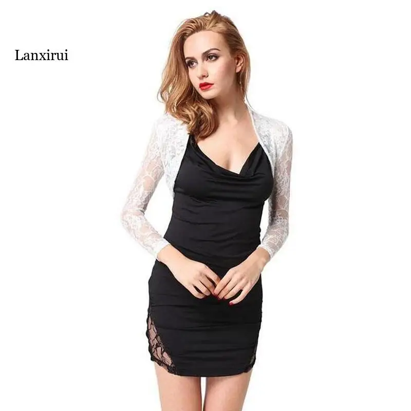 

Solid Long Sleeve Floral Lace Shrug Bolero Cardigan Slim Cropped Tops Ladies Black Jacket Spring Coat Women Clothes