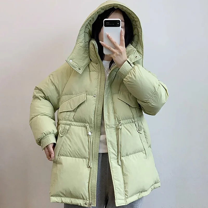 

2024 Winter Lightweight Puffer Women Hooded Parker Coat Women's Jacket Drawstring Waist Coat Warm White Duck Down Down Jacket