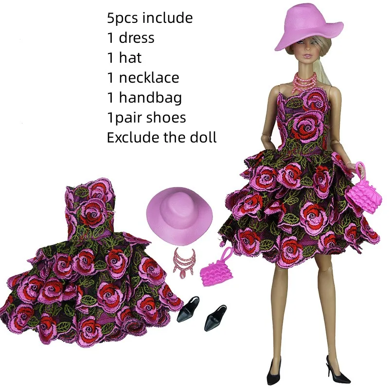 Female Doll Clothing Sets DIY Doll Decors Cap Shoes Necklace Glasses Handbag Princess Doll Luxury Floral Dresses Decors
