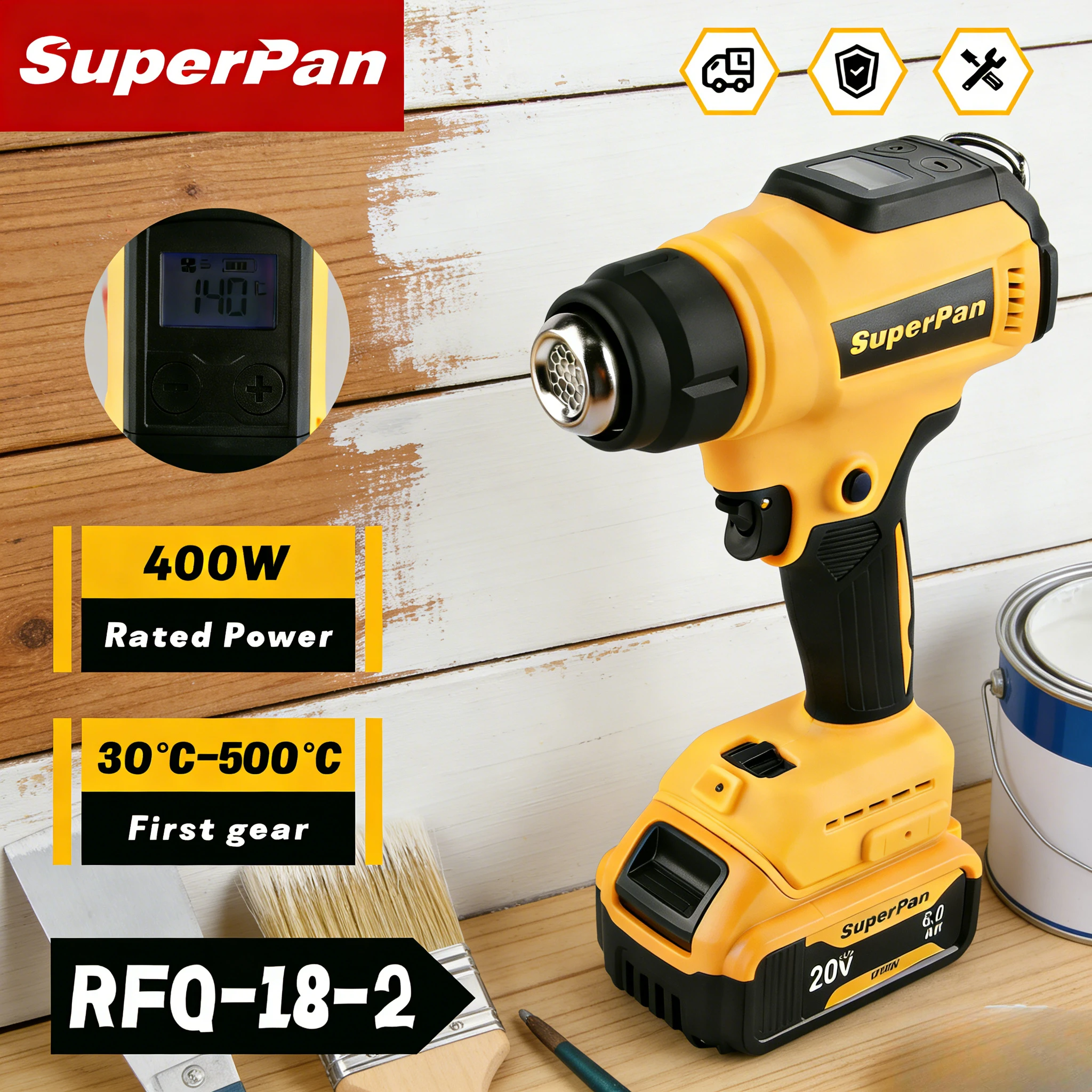 

Аккумуляторный термофен SuperPan 18В для термоусадочной пленки, размораживания, автоматической пайки, перезаряжаемый электроинструмент для аккумуляторов Dewalt 18В