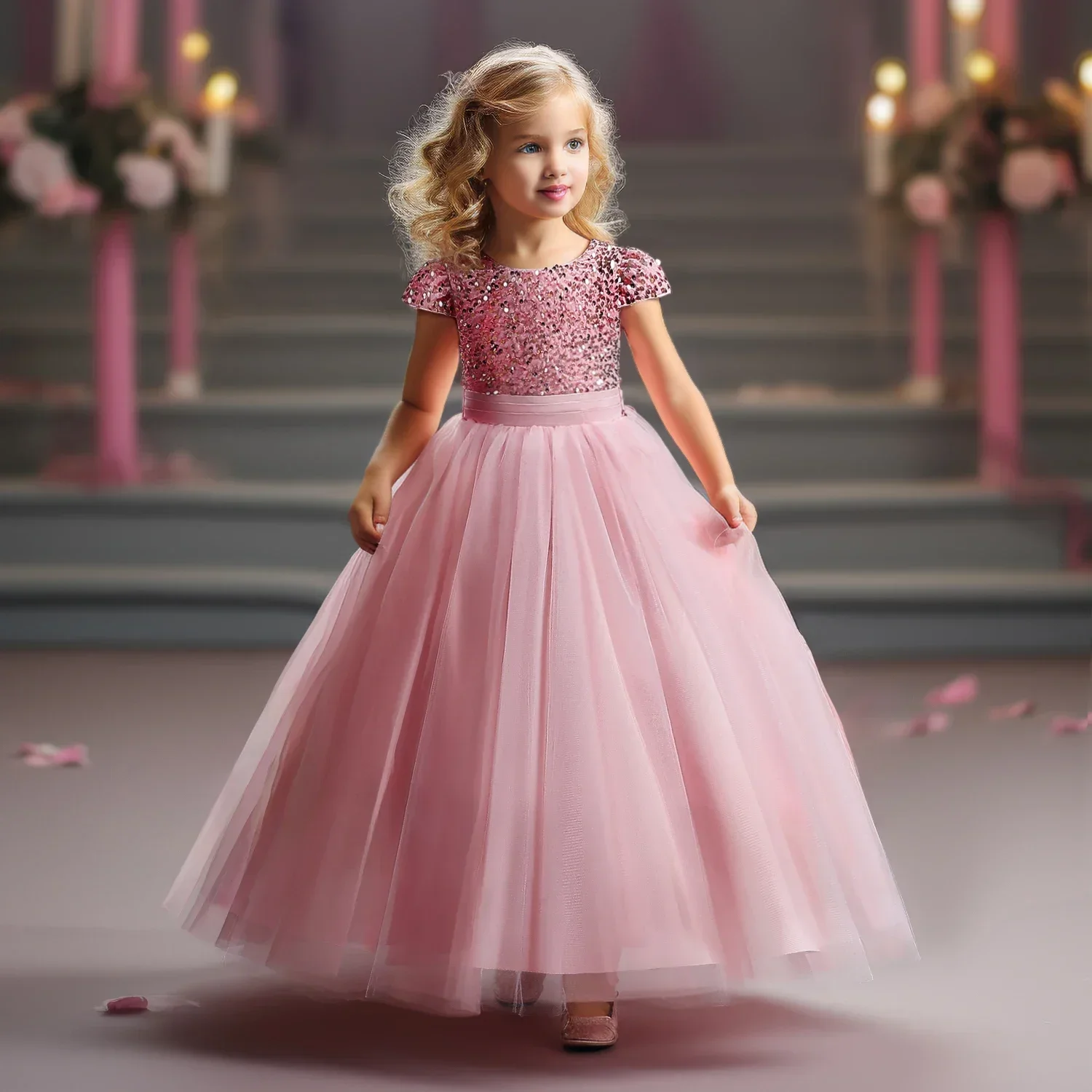 Vestidos para niñas, vestidos largos de princesa con lentejuelas para dama de honor, vestidos elegantes de flores para niñas, Vestido Formal de noche de boda de 5 a 10 y 14 años