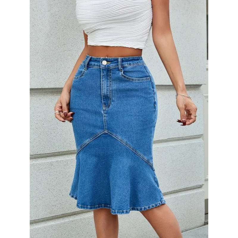 Denim Skirt High-waisted Ruffles Spice Girls Women's High Stretch Fishtail Skirt Hip Wrap High Waist Vintage Denim Half Skirt
