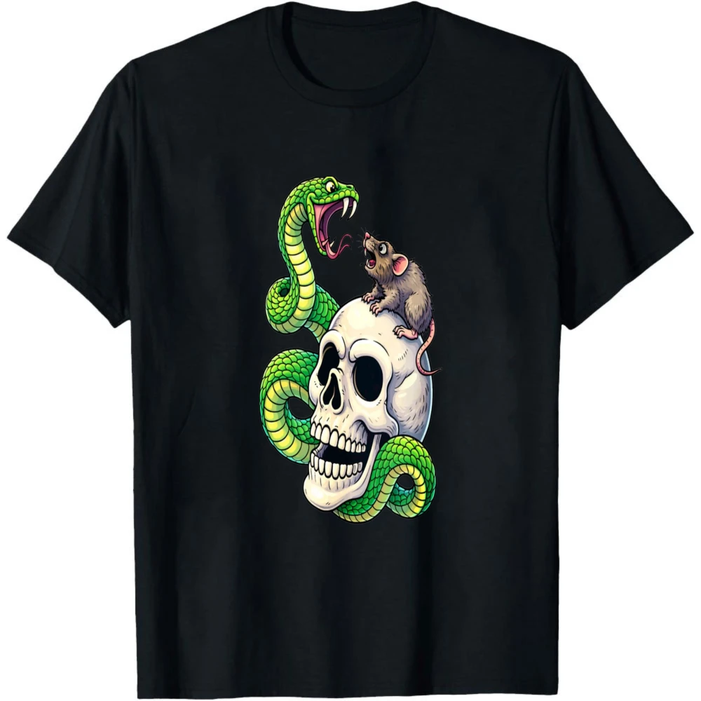 Green Snake Mouse Skull Cartoon Dark Art Graphic Men Summer T Shirt Wildlife Gothic Creepy Character Short Sleeve Tee