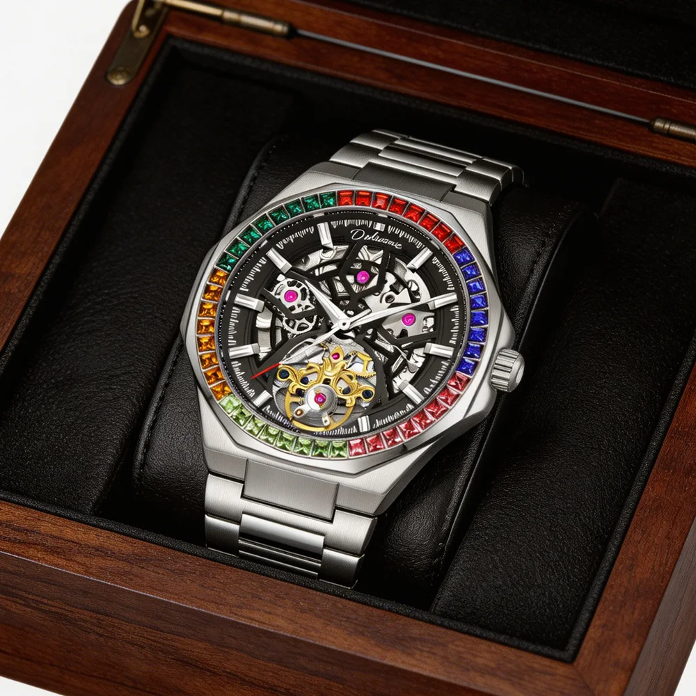 Luxury Colorful Gemstone Bezel Mechanical Watch for Men Stainless Steel Waterproof Fashion Skeleton Watches Sport Male Clock