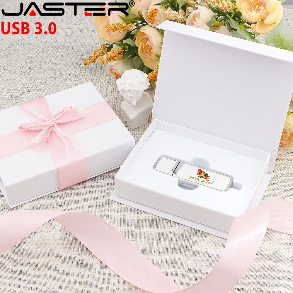 

JASTER Free Color Printing USB 3.0 Flash Drive 128GB 64GB Pen Drive White Black Leather Box High-End Wedding Gift Memory Stick