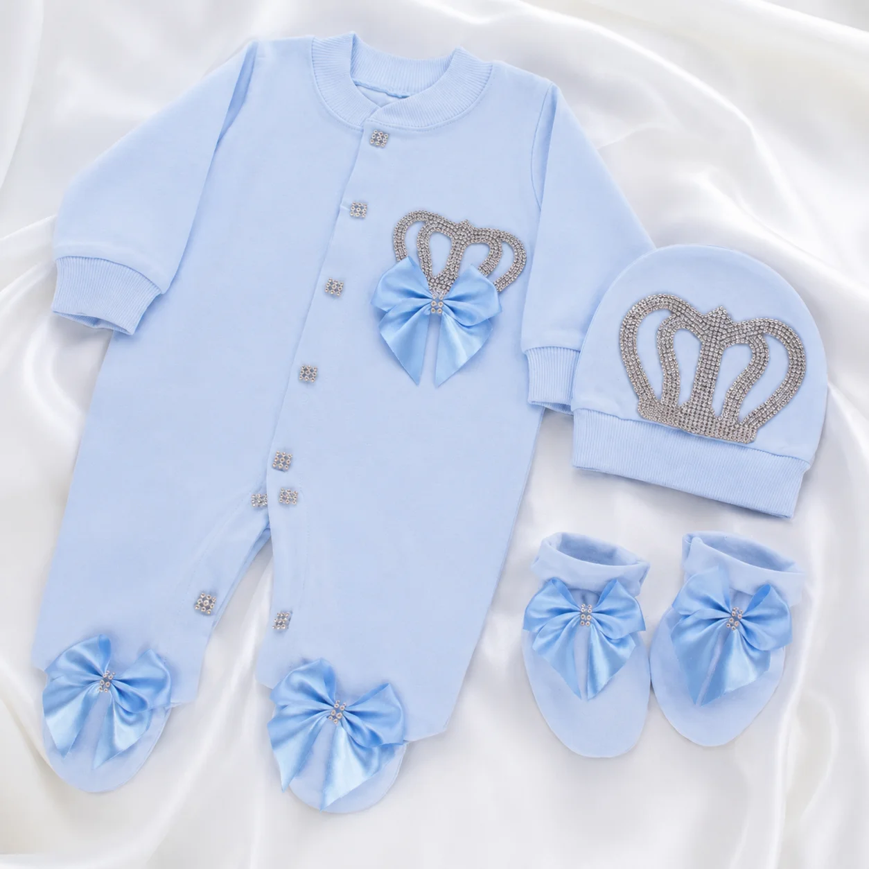 Conjunto de 3 piezas para recién nacido, estilo ceremonia francesa, azul claro, con corona de pedrería termoadhesiva y pelele con pies, regalo premium, atuendo para el regreso a casa del bebé niño