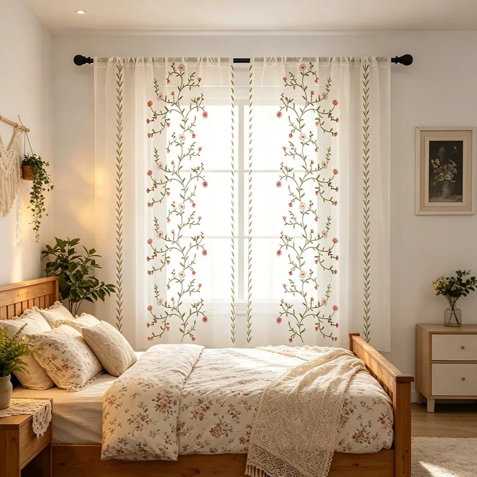 2PCS Digital Print Sheer Curtains, Flower Grass Branch Pattern, Fresh Natural Style for Living Room Bedroom Window Decor