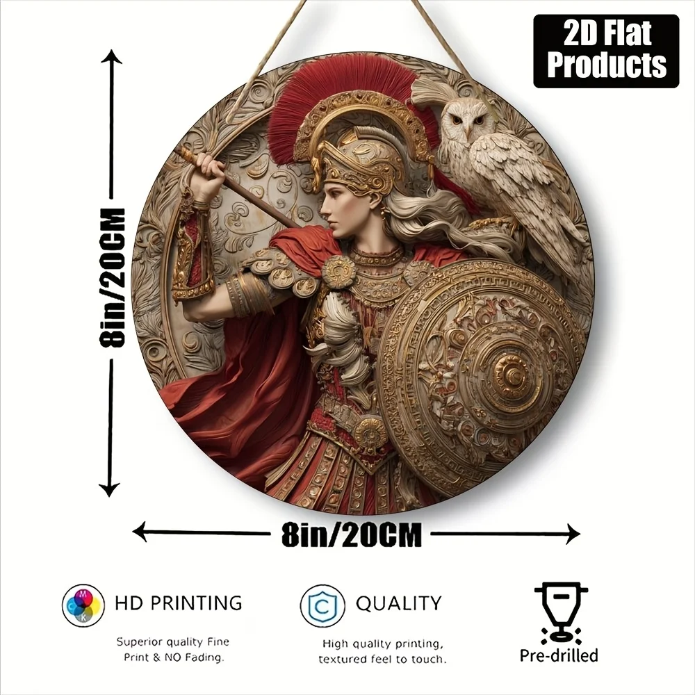 2D Flat, 1pc Greek Goddess Athena Wall - Round Greek Deity Plaque with Owl Emblem & Owl Motif, Artificial Wood Retro Greek Mytho