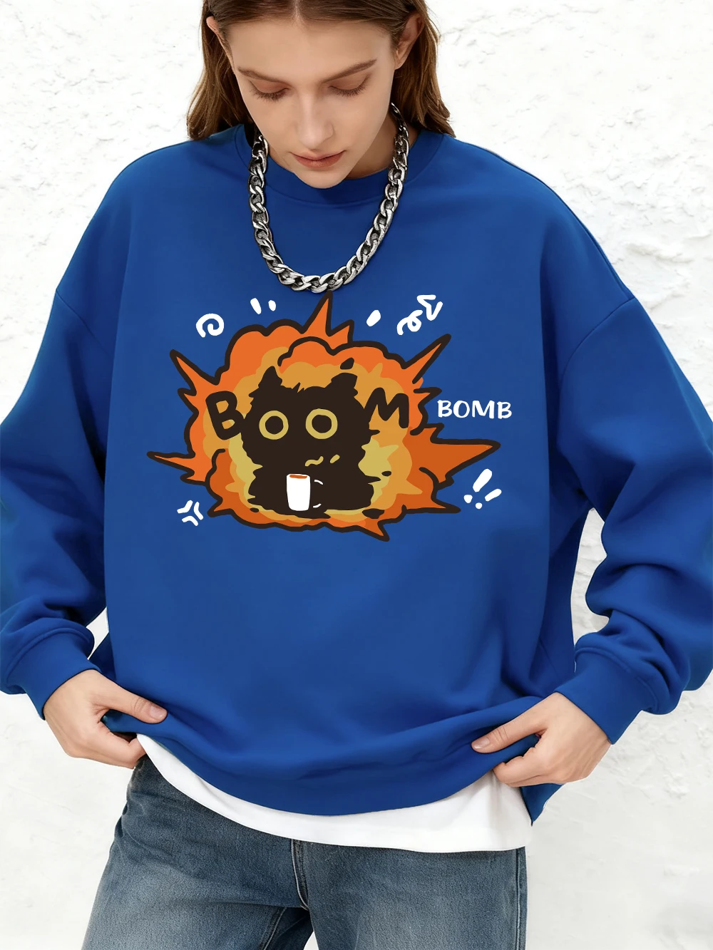 

Толстовки с принтом кота Bomb Boom, женские зимние толстовки с круглым вырезом, оверсайз, повседневные теплые пуловеры с длинными рукавами, женская одежда для бега