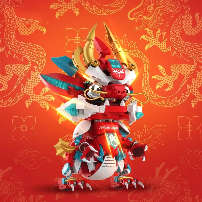 Red Flame Mech Dinosaur Blocks Building Toys DIY Bricks Chinese Culture Mythical Dragon Kids New Year Gift Decorations Presents