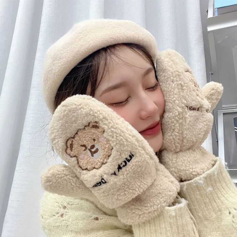 قفازات الدب الشتوية النسائية اللطيفة على الطراز الكوري، مبطنة بالصوف، قفازات سميكة كاملة الأصابع لركوب الدراجات للدفء والحماية #5