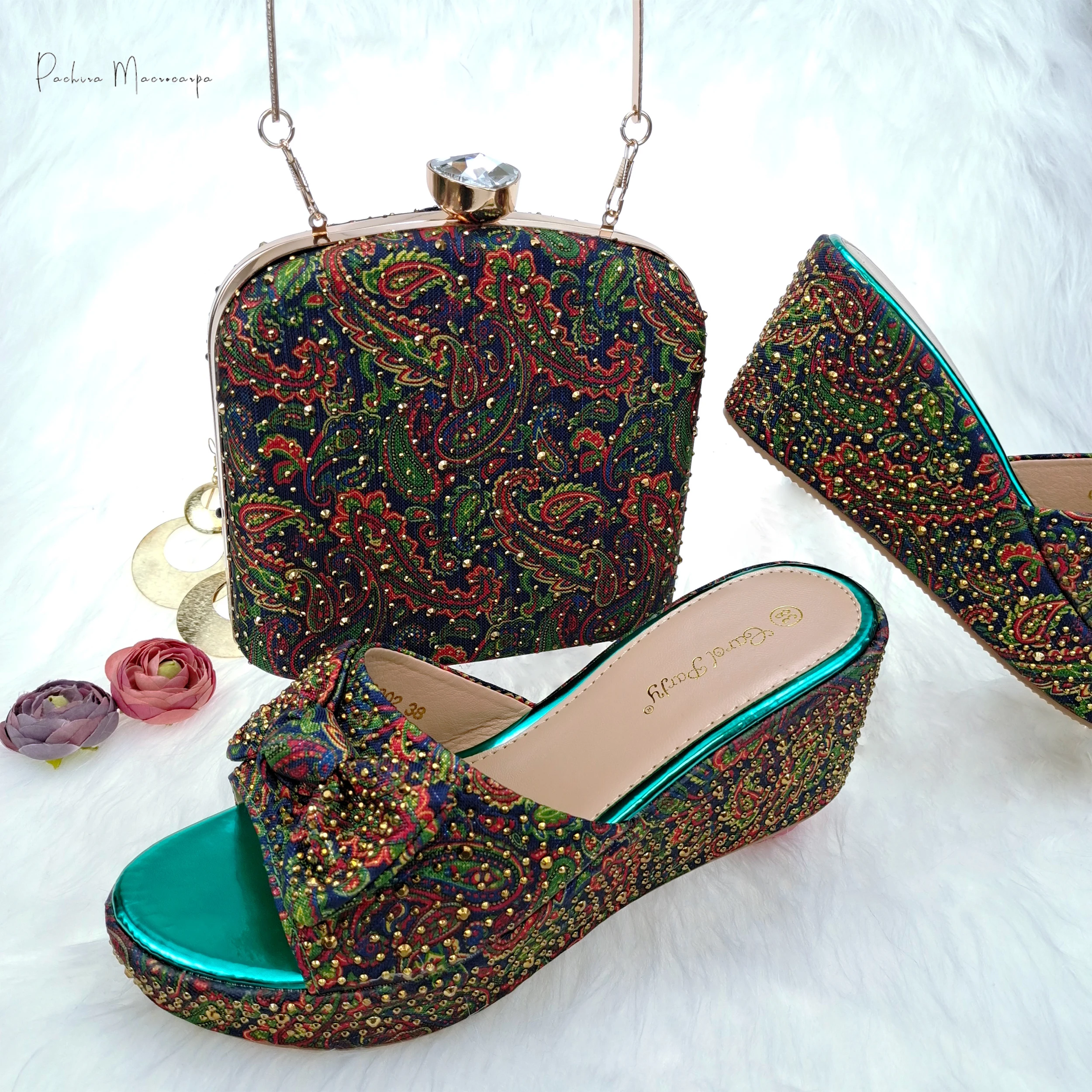 

2024 Hot Selling Design Paisley Pattern Green Women's Sandals Bag Set paired with Party Fashion Comfortable Casual High Heels