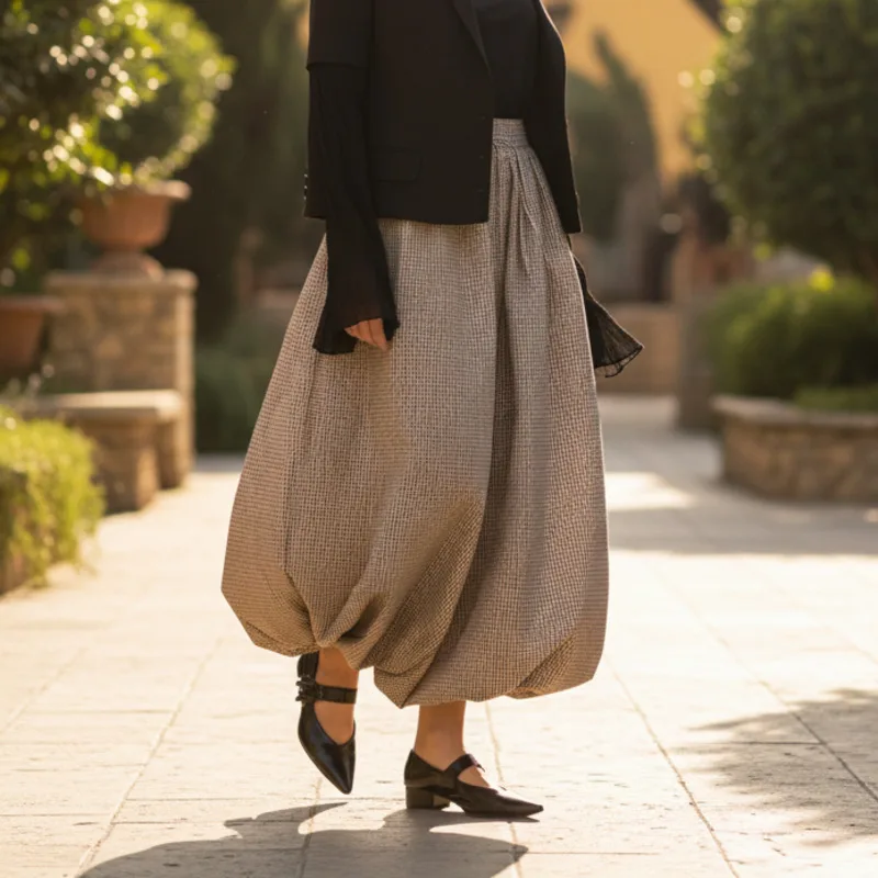 سراويل فانوس منقوشة عتيقة للنساء خفيفة الوزن قابلة للتنفس وواسعة الساق فضفاضة غير رسمية مثالية لأسلوب ملابس الشارع الخريفية #1