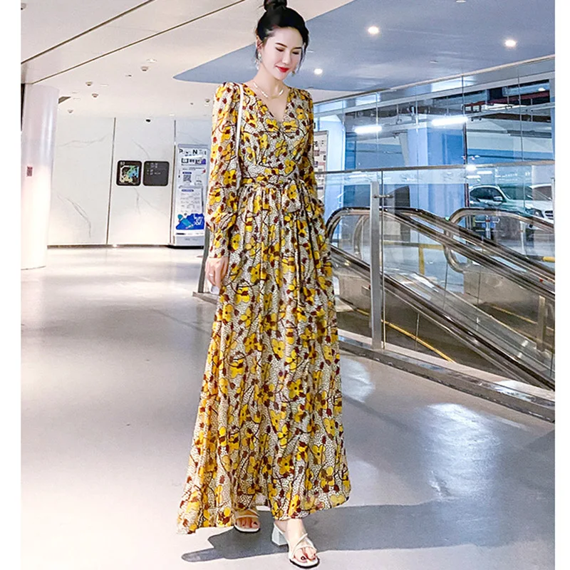 Spring 2024 New Floral Dress For Women V-Neck Fashion Elegant Long Dresses Female Vintage Full Sleeve Y2K Luxury Party Vestidos