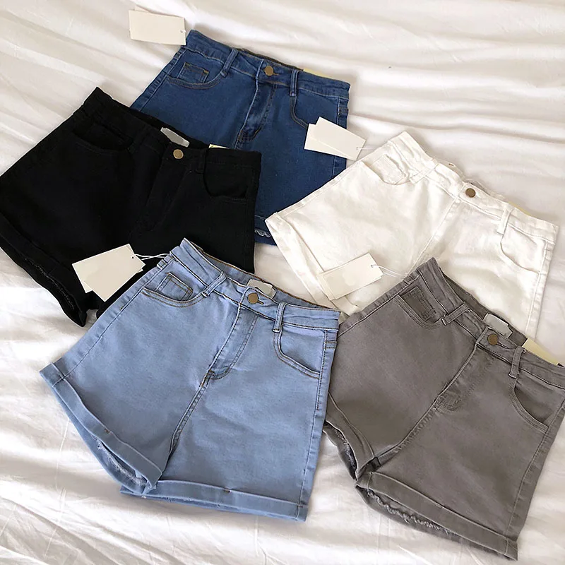 Summer New High Waist Cuffed Denim Shorts Korean Style Basic  Color Versatile Student Slim Fit Trendy Hot Pants