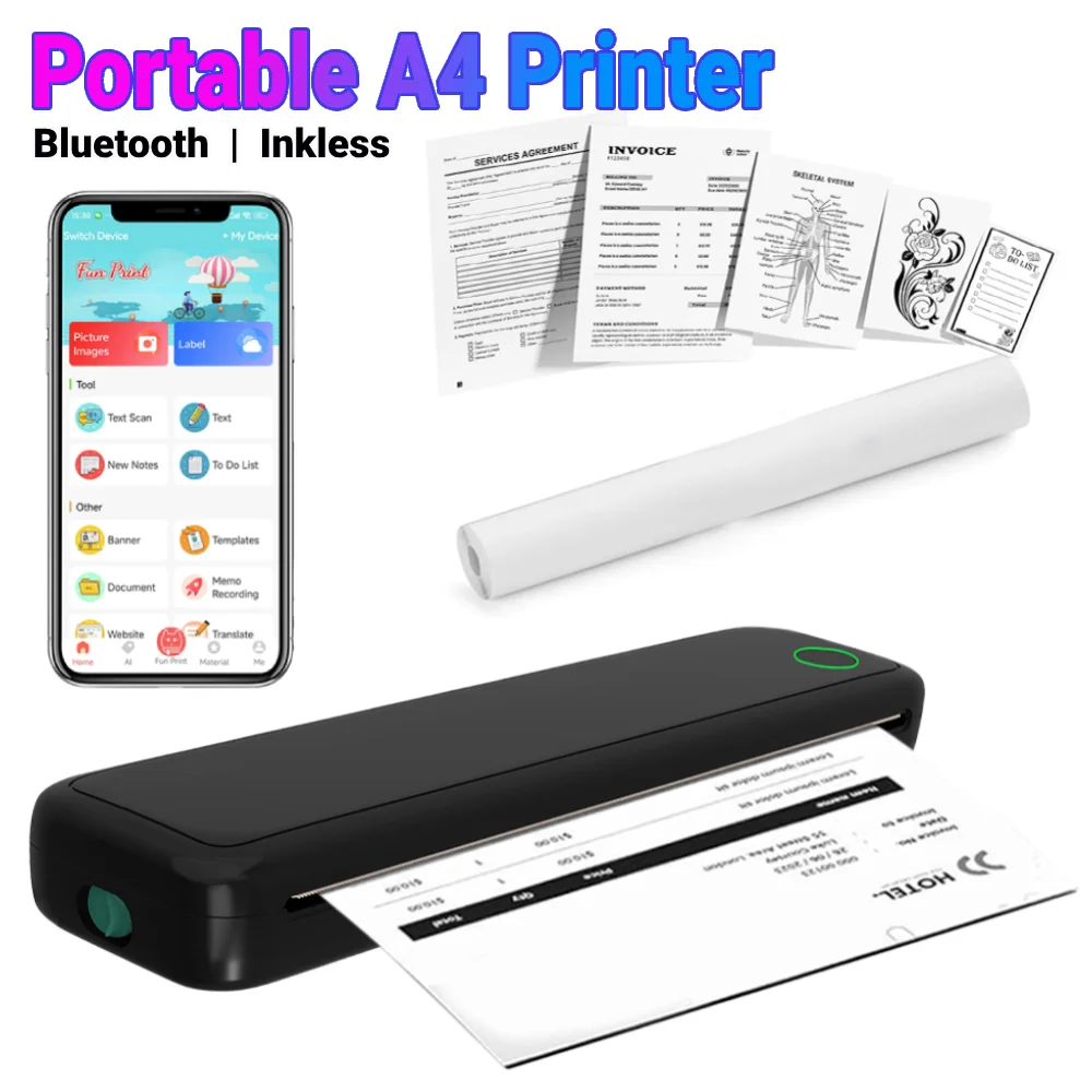 A4 Portable Thermal Printer Inkless Bluetooth A4 Mobile Travel Printer Label Maker with Printing Paper Document Printer Maker