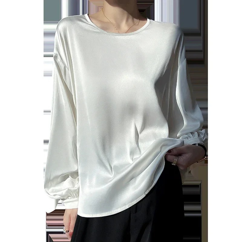2025 Spring New Retro Long-sleeved Women's Satin Shirt Top Women Temperament Blouse Ice Silky Blouse Women