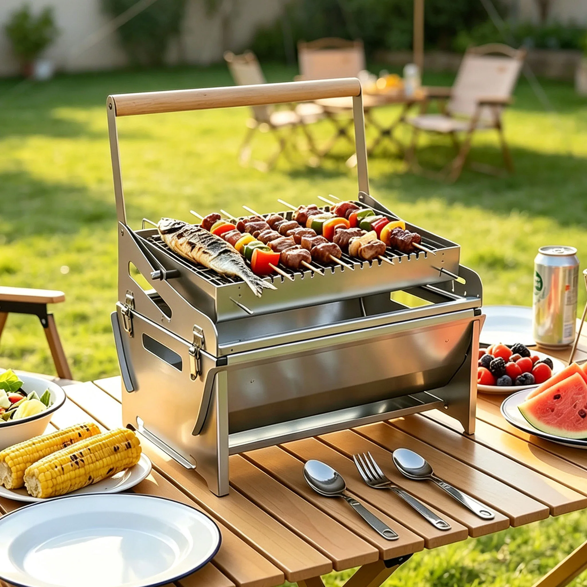 360 ° Rotatable Foldable Washable Stainless Steel Barbecue Mesh, Camping Beach Picnic Outdoor Home Cooking Portable Barbecue