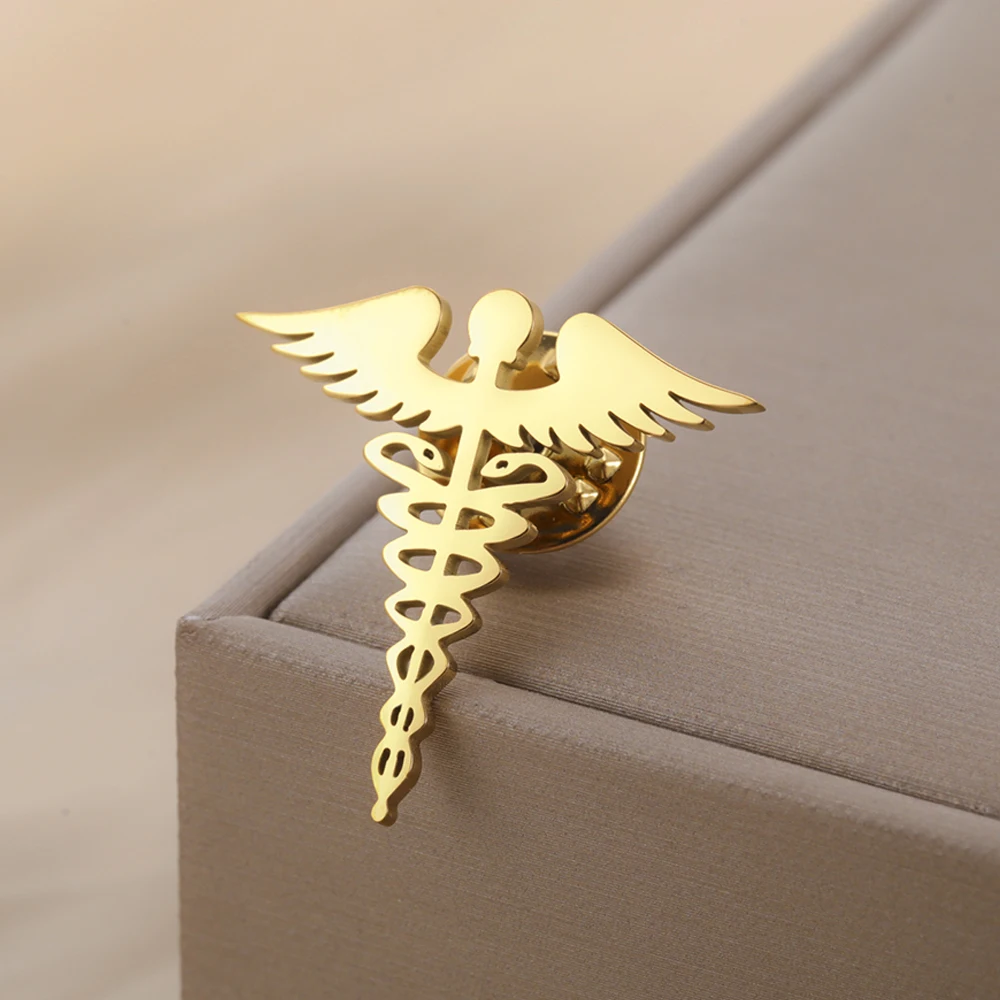 Dawapara Brosche mit Caduceus-Symbol, medizinisches Symbol, Zubehör, Reisende, Talisman, Abschlussgeschenk, Edelstahl-Schmuck – Detail 15