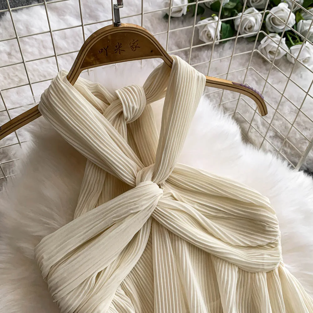 Women Luxury Halter Twist Knot Set Pleated Pants Design Lady Elegant Party Dinner Charming Wedding Honeymoon Beach Vacation Suit