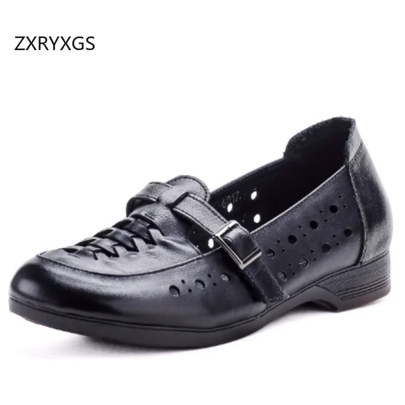 ZXRYXGS Promotion 2026 New Summe Rround Toe Hollow Genuine Leather Sandals Comfortable Breathable Flats Women's Sandal Shoes