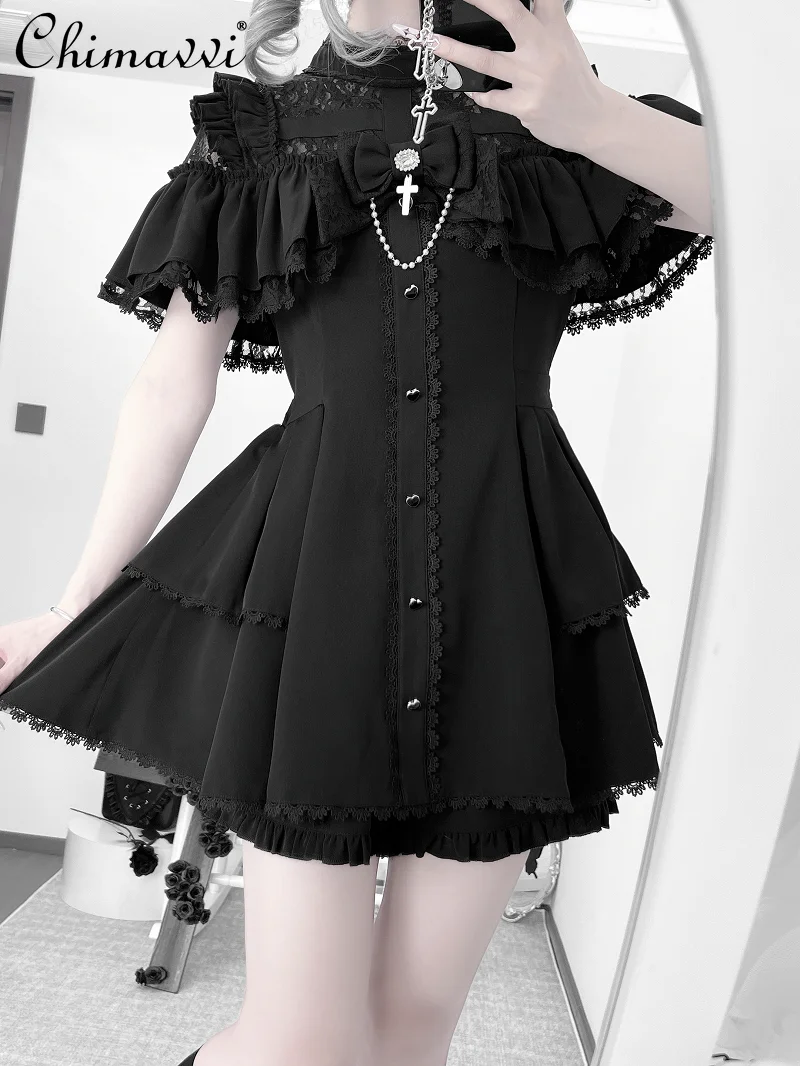 

Original Mine Series Bow Lace Dress Set 2025 Summer New Goth Style Y2k Bud Suit Short-sleeved Top Shorts Lolita Two-piece Set