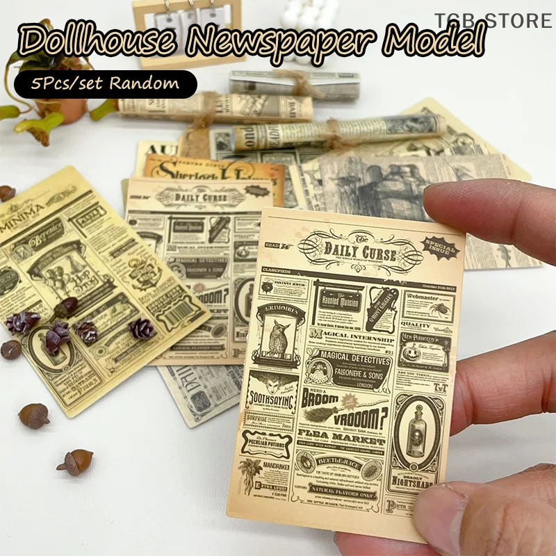 5Pcs Dollhouse Miniature Kraft Paper Newspaper Magazines Mini Retro Newspapers And Periodicals Books Model Home Decor Toy Random