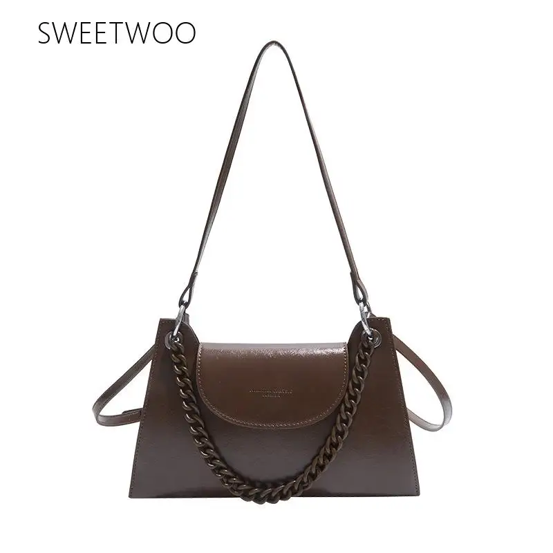 

Women Retro Saddle Crossbody Bag with Chain Strap Genuine Leather Flap Shoulder Purse for Streetwear