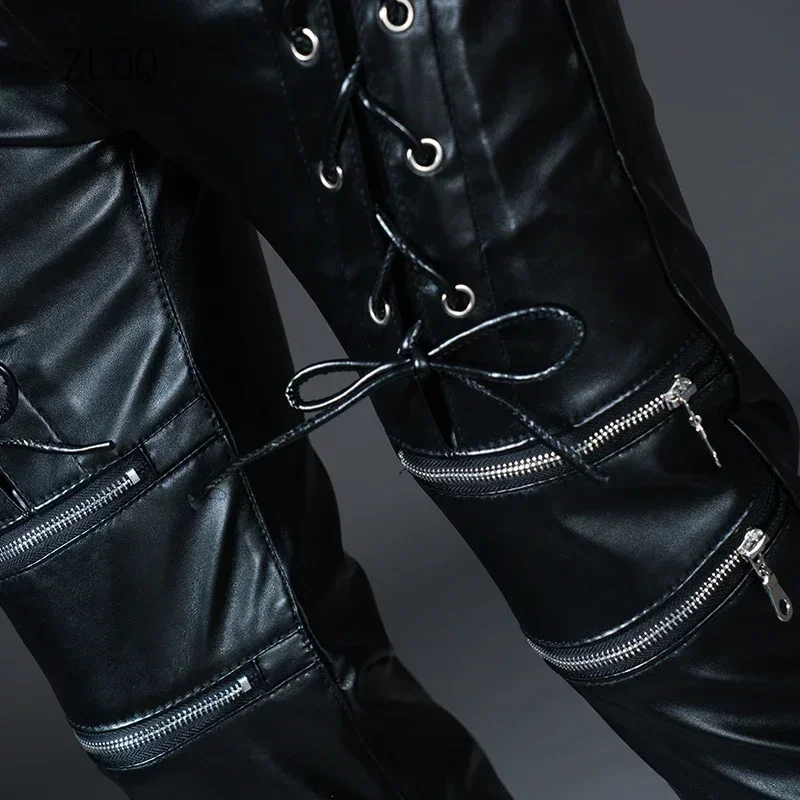 New Winter Spring Mens Skinny Biker Faux Leather Pants Fashion Motorcycle Trousers for Male Trouser Stage Club Wear