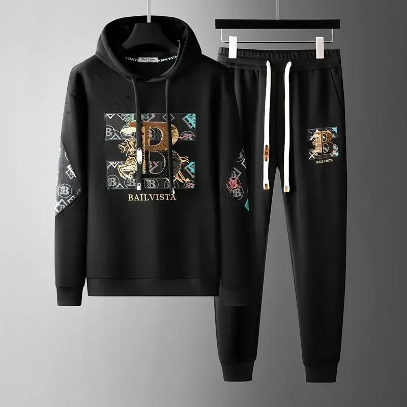 Fashion Printed Mens Two Piece Sets Casual Letter Sequins Embroidery Hooded and Pant Autumn Outfit Tracksuit Men Joggers Suits