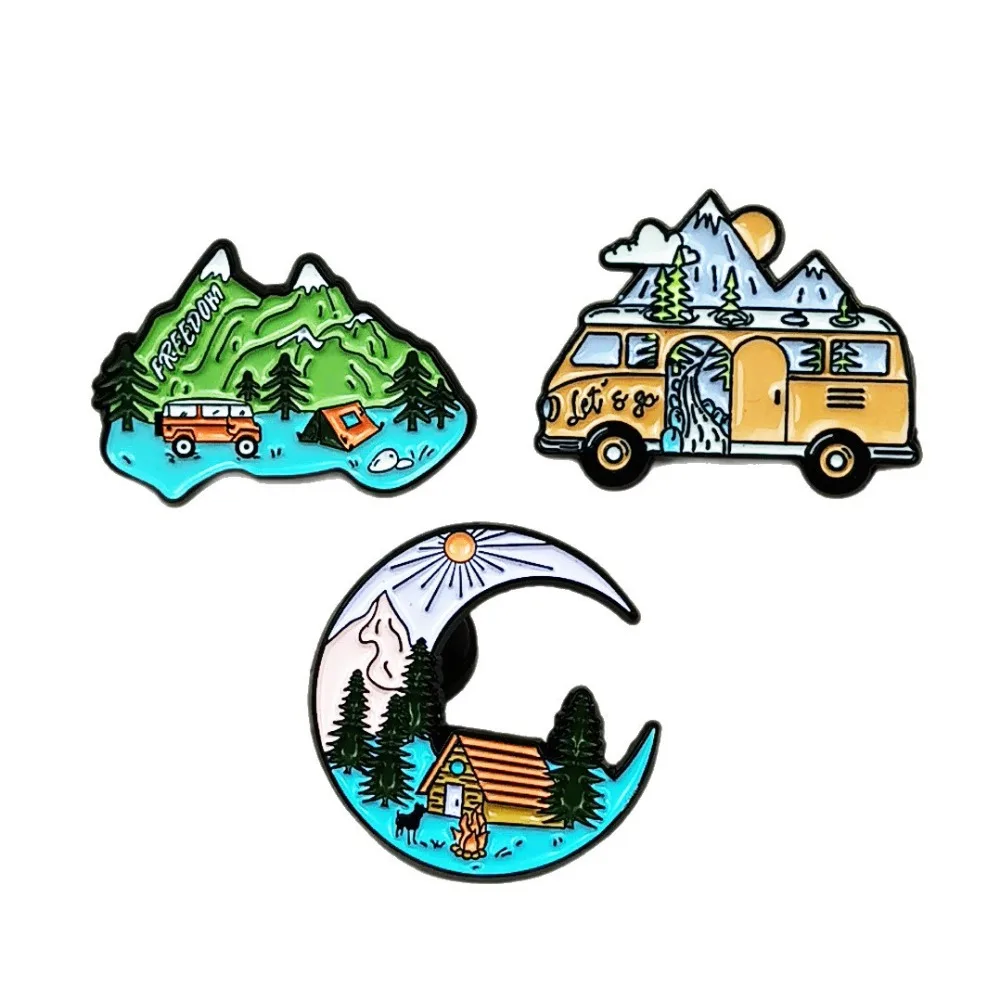 Outdoor Camping Landscape Enamel Pins Mountain Van Cabin Lapel Pin Badge Travel Brooch for Backpack Jacket Lover Decor Gift
