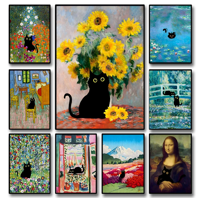 Funny Black Cat World Famous Painter Monet Van Gogh Artwork Poster Canvas Painting Wall Art Home Living Room Decor Frameless