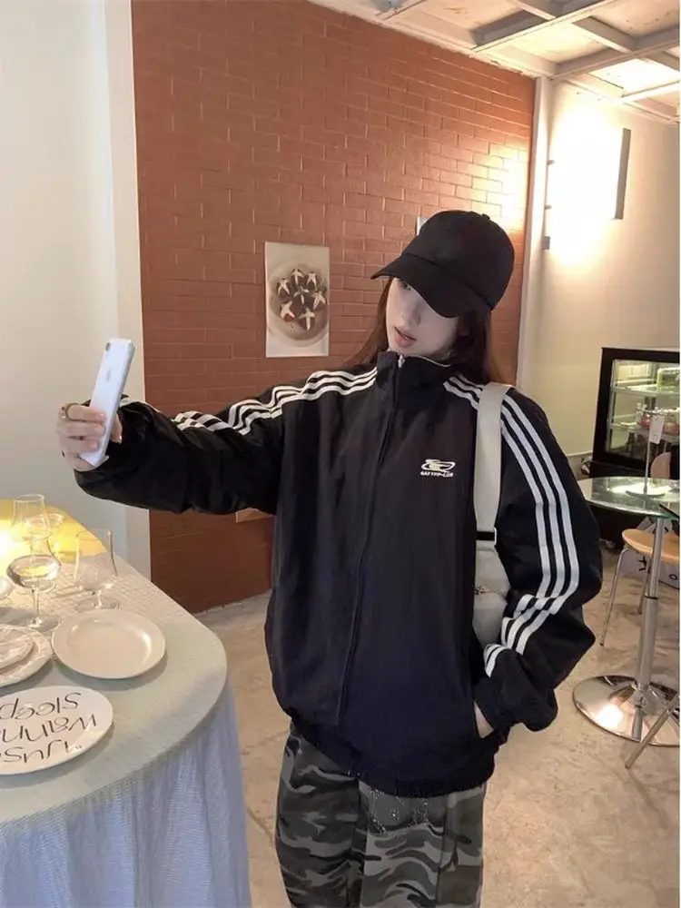 سترة نسائية أمريكية عتيقة الطراز ذات وجهين للربيع والخريف، فضفاضة بثلاثة خطوط، قطعة علوية رياضية غير رسمية بسحاب وأكمام طويلة #2