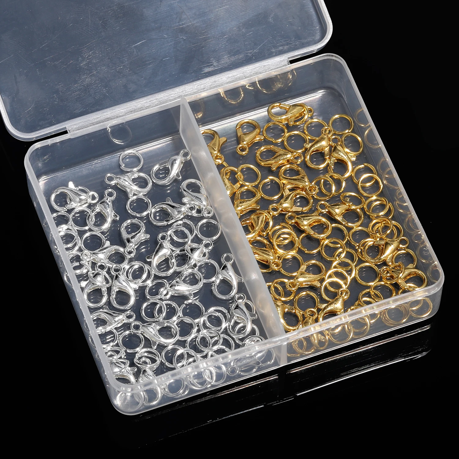 140pcs/Box 10/12/14mm Golden Silvery Lobster Clasp Jump Beads Jewelry Findings Connector For DIY Bracelets Necklaces Accessories