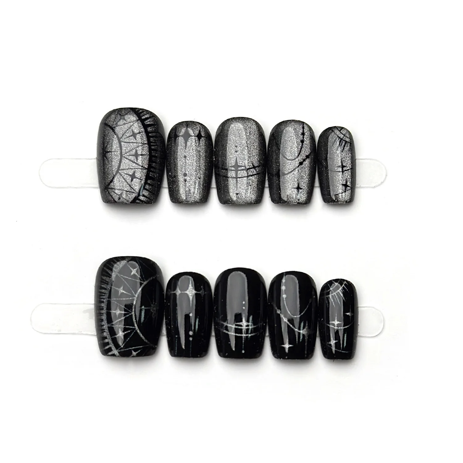 

10pcs Handmade False Nails Dark Lolita Style Gothic Press False Nails Wearable Star False Nails With Black Short Nail Tips