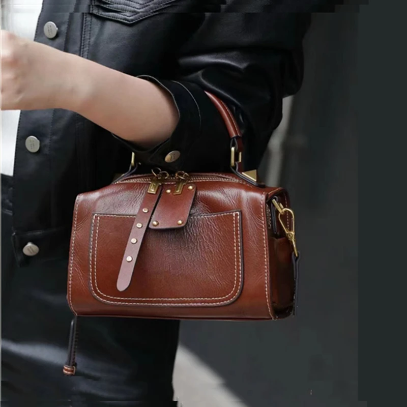 Hifashion Boston Small Genuine Leather Handbags For Women 2024 Trend Designer Wide Strap Pillow Ladies Shoulder Crossbody Bags