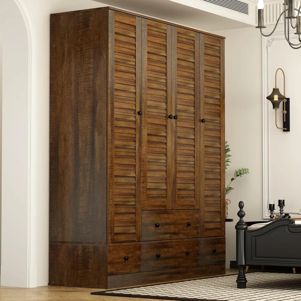 Large Wardrobe Armoire with Multi-Tier Shelves, 5 Drawers, Hanging Rod & 4 Louver Doors, Wooden Closet Storage Cabinet