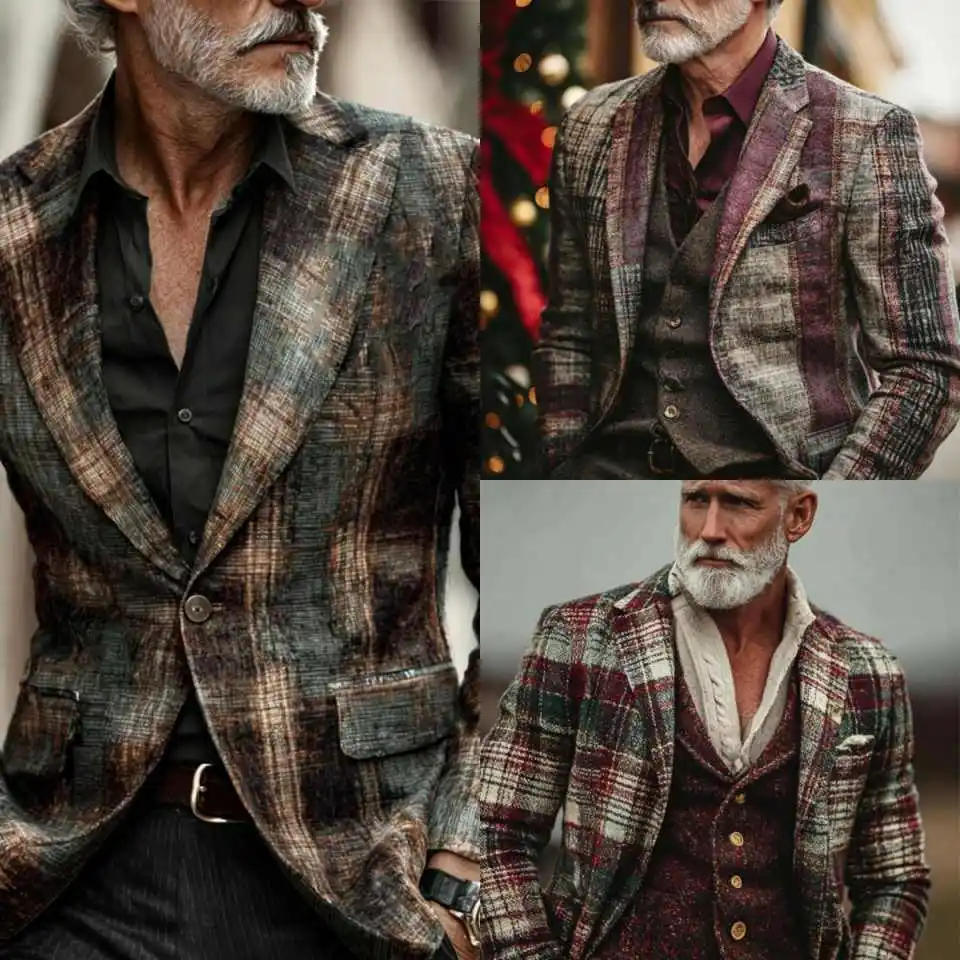 Luxury Vintage Plaid Tweed Blazer Suit Set 3 Piece Mens Wool Jacket Vest Pants Wedding Groom Party Custom Made M264394