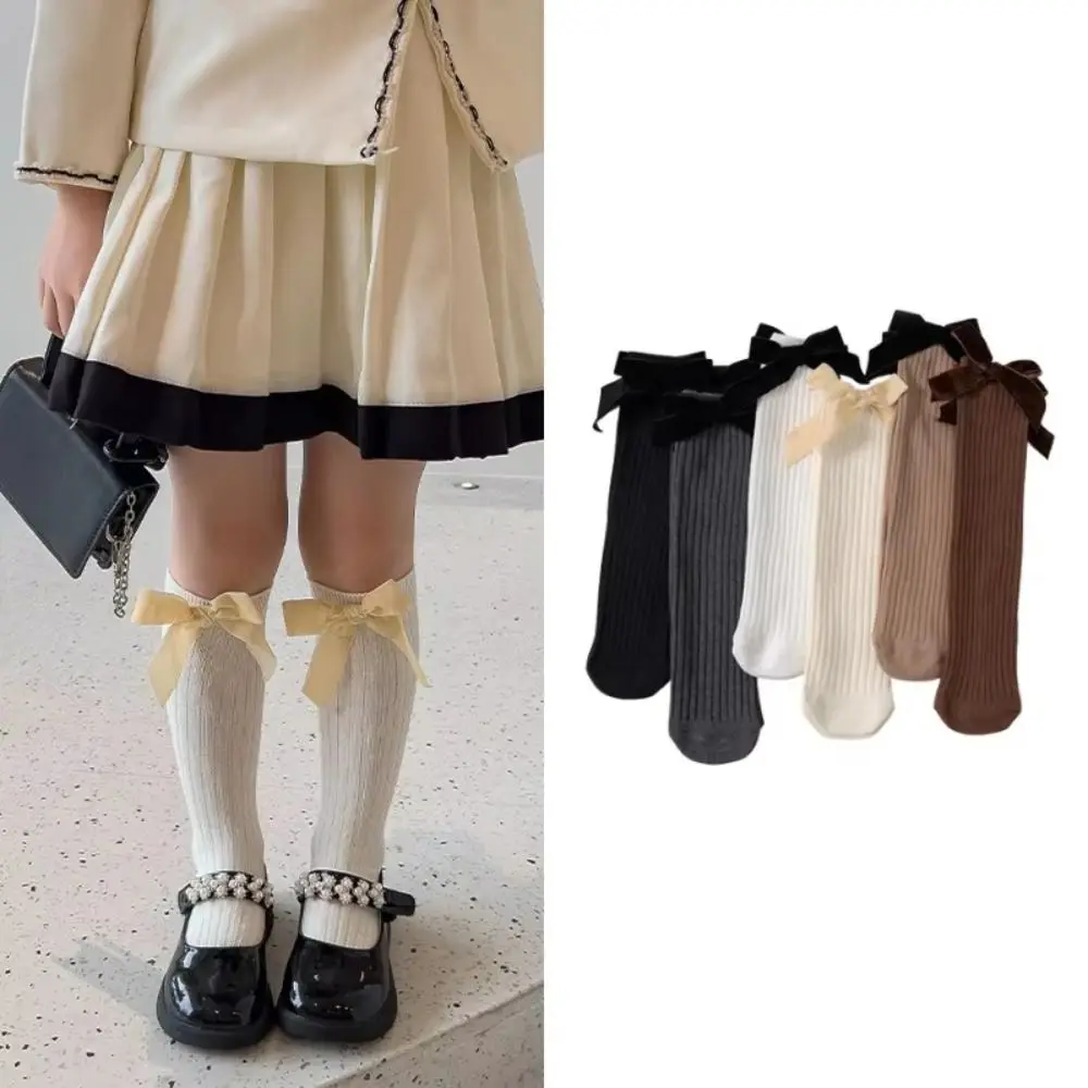 Sweet Cotton Blend Knee High Socks Bowknot Stretchable Princess Socks Knit Texture Soft Fabric Ribbed Knit Socks For Daily Wear