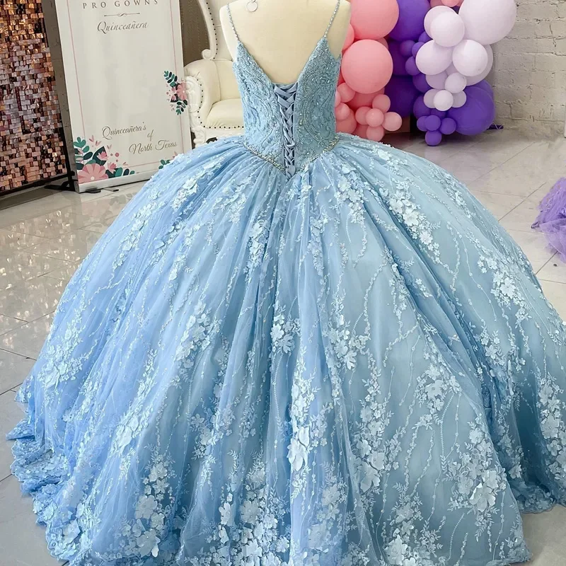 ANGELSBRIDEP Light Blue Lace Quinceanera Dress Luxury Beading 3D Flowers Floral Lace Prom Gown Spaghetti Strap Sweet 15 16 Gowns