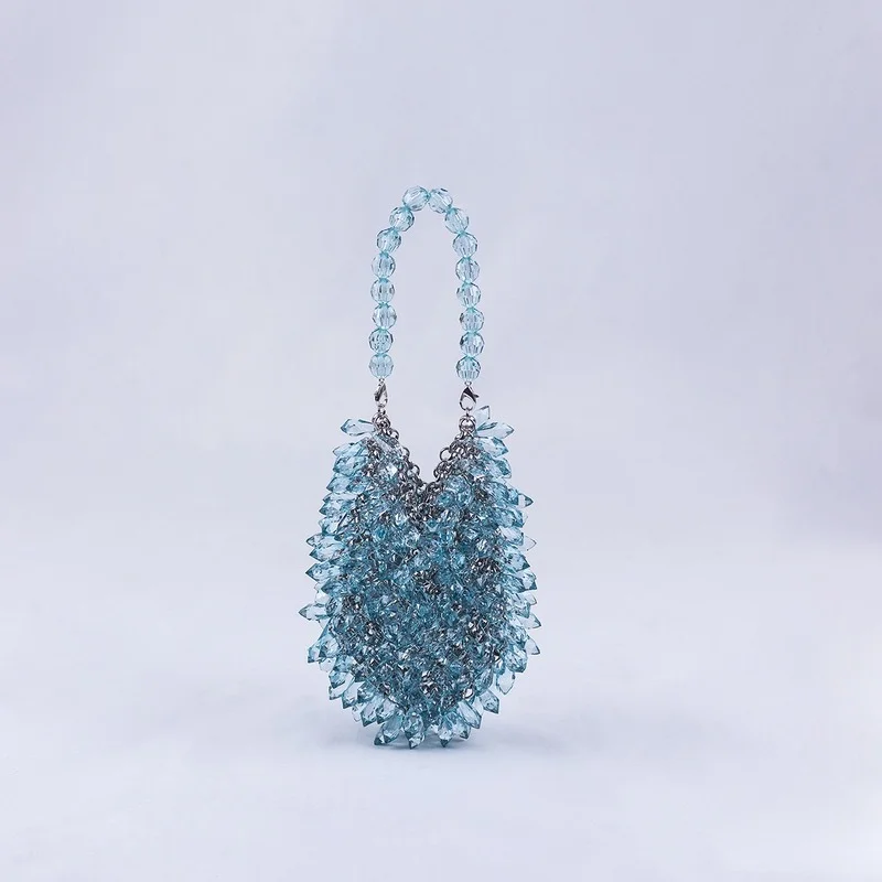 Fashion HandWoven Clear Crystal Acrylic Handbag Green Blue Yellow Handmade Summer Party Small Bucket Purse Evening Beaded Clutch