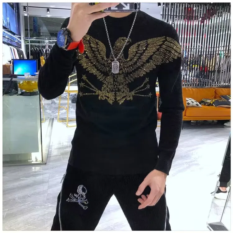 Moda strass camisola longa roupas masculinas 2022 nova tendência o pescoço manga curta fino inverno casual