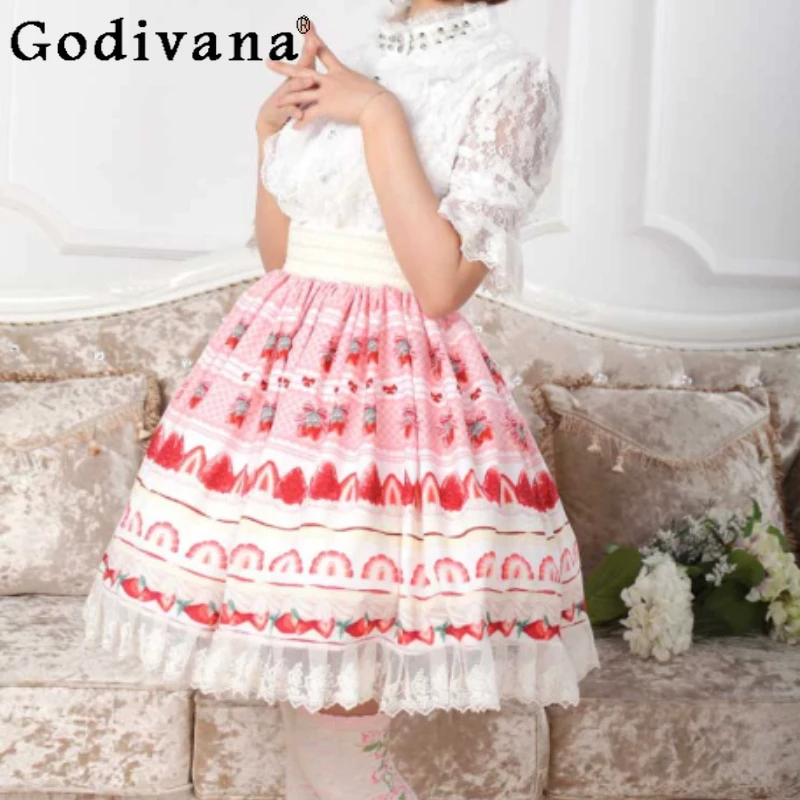 

Spring Summer New Elegant Print Pink Strawberry Cake Lolita Skirt Elegant Girl High Waist A-line Lace Short SK Pleated Skirts