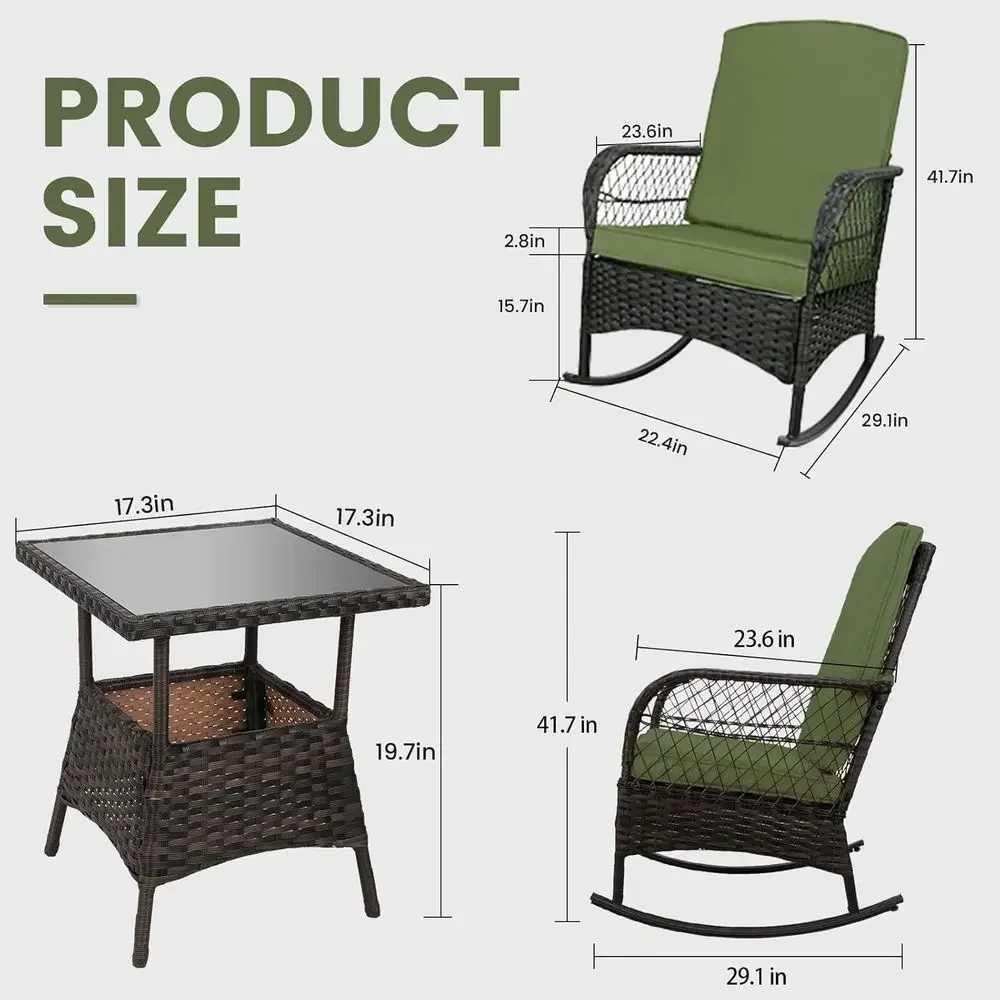Outdoor Rocking Bistro Set with 3 PE Wicker Chairs and Glass Table in Army Green for Patio, Lawn, Garden, or Deck