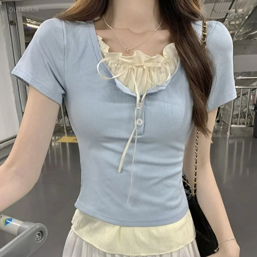 Contrast Bow Women's T-shirts Fake Two-piece Ropa mujer Summer Clothes Round Neck Short Sleeve Tops 2026 New Roupas Feminina