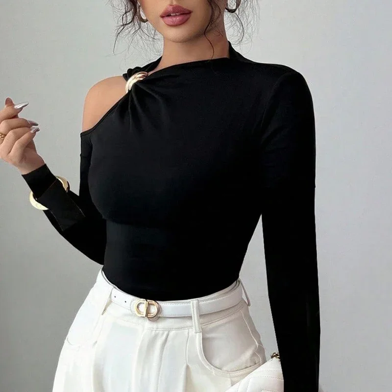 Fashion Women Blouses Sexy Cold Shoulder Skinny Top Elegant Long Sleeve Shirt Women Sexy Tops Female All Match Shirt Black